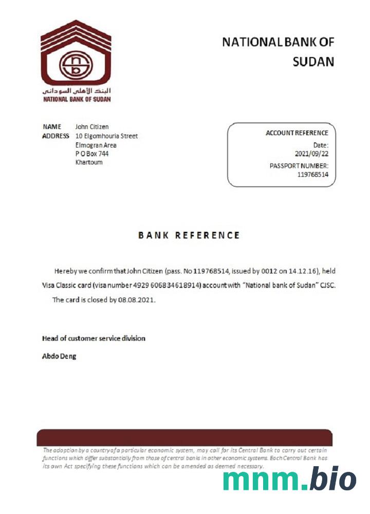 Przykład odniesienia do zamknięcia Narodowego Banku Sudanu w formatach Word i PDF